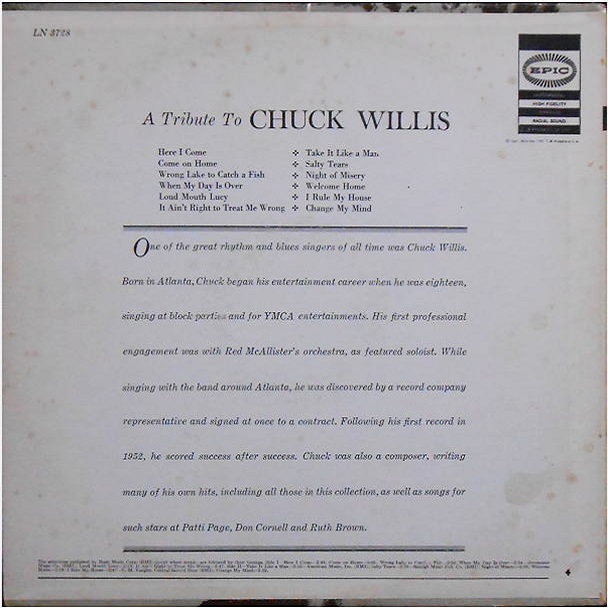 Epic LN3728 - A Tribute To Chuck Willis Back Cover