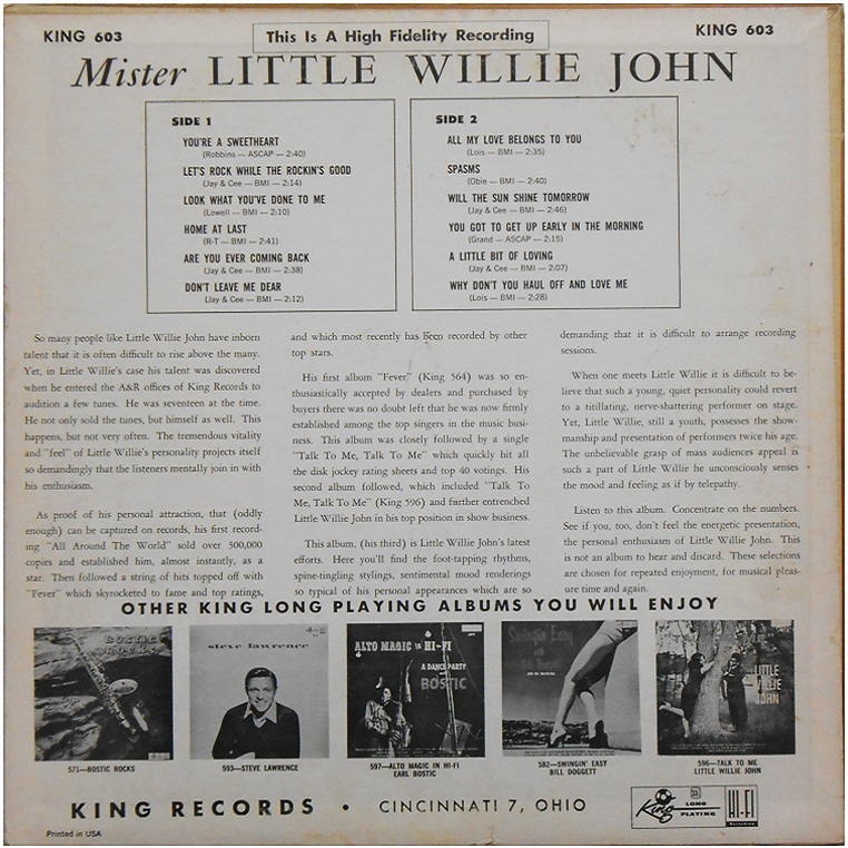 King 603 - Mister Little Willie John Back Cover